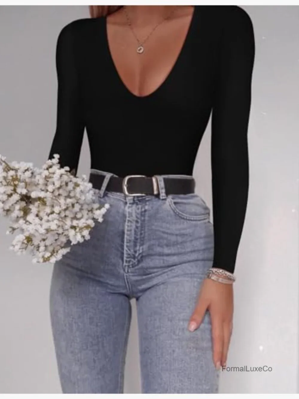 Women's Plunge Deep V Neck Long Sleeve Bodysuit Double Lined Thong Bodysuit Top